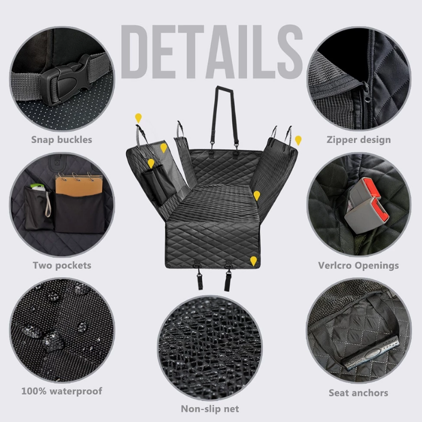 NEW Waterproof Non-Slip Car Seat Hammock Cover With Pockets, Side Flaps, Headrest Straps, Seat-Anchors, & Mesh Window (+FREE SAFETY BELT!)